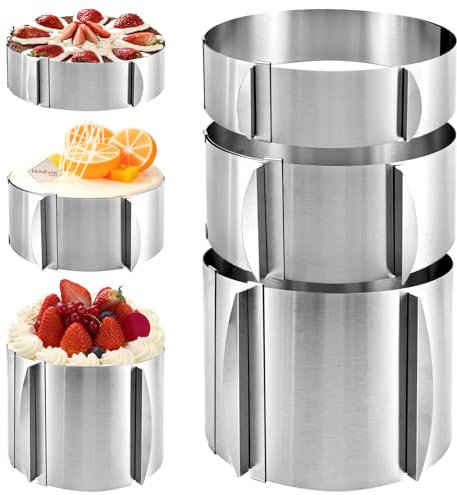 APACALI 3 Stück Tortenring Verstellbar Hoch 5cm, 8cm, 15cm, Ø 16-30 cm Edelstahl Backring Verstellbar, Tortenring Verstellbar Rund mit mit Skala und Befestigungsclips für die Zubereitung von Kuchen