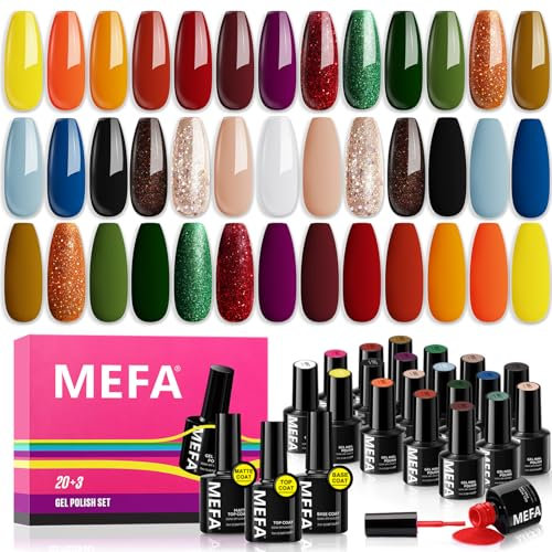 MEFA 23 Pcs Gel Nail Polish Set, 20 Colors Glitter Red Green Orange Gel Nail Polish Kit with Base Coat No Wipe Glossy & Matte Top Coat Blue White Black Nude Nail Art Manicure DIY Salon Home Gift