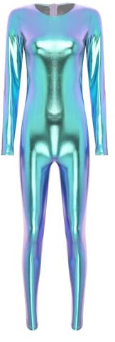 TiaoBug Damen Metallic Gymnastikanzug Slim Fit Stretch Ganzkörperanzug Langarm Overall Jumpsuit Skinny Hose Einteiler Fitness Yoga Outfits Blau L