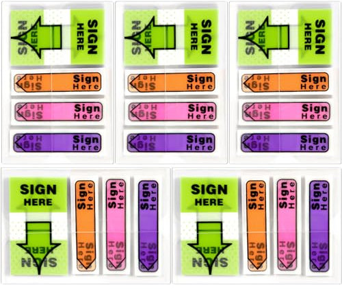 500pcs/5 Pack Sign Here Tabs Post It Flags, Fluorescent Sign Here Arrow Stickers/Labels with Dispenser Sticky Note Signature Flag Page Index Markers Supplies for Office School Notary Books Notebook