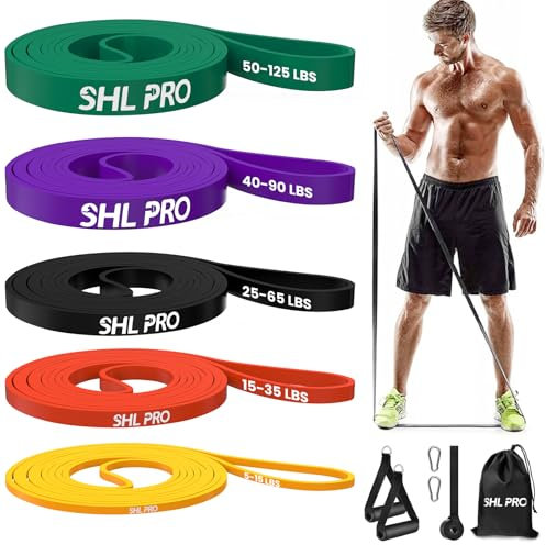 SHL PRO Elastiche Resistenza Band, Set di 5 con Kit di Accessori, Fascia Elastica Fitness per Allenamento Stretching Powerlifting Resistenza, L'Allenamento Della Forza e La Terapia Fisica
