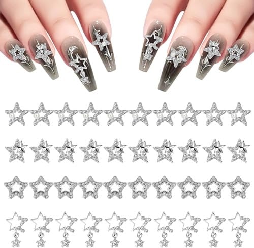 Abeillo 40Pcs Star Nail Charms Star Nail Gems Shiny Nail Art Charms 3D Nail Art Decorations for Women Girls Nail Decals