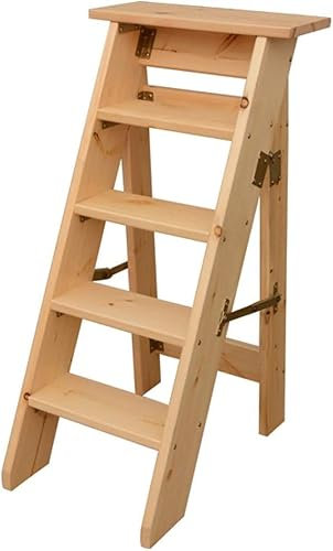 SHENJIA 5 Steps Wooden Stepladder Folding Stairs Chair Attic Library Ladder Stool Moveable, Max Load 150kg, Height 100cm, For Home, Garden Tools