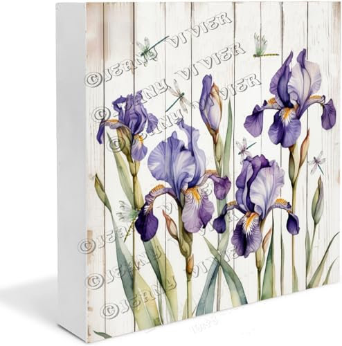 Iris Holz-Schild, Iris-Geschenke, lustige Blumenkunst für Zuhause, rustikale Bauernhaus-Dekoration, Tischaufsätze für Esstisch, Holzblockschilder, Einweihungsgeschenke, 12,7 x 12,7 cm