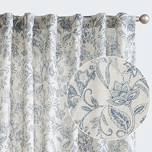 TOPICK Gardinen Leinen Vorhänge Blumen Bedruckt Wohnzimmer Gardine mit verdeckten Schlaufen Curtains Living Room für Schlafzimmer Landhaus Tür 2er-Set Blau auf Beige 140B x 175H(cm)