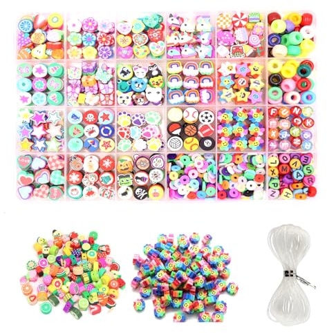 1150Stk Perlen für Armbänder Bunte Perlen zum Auffädeln Kinder Polymer Clay Perlen Bastelnperlen Set Obst Fruchte Tiere Regenbogen Buchstaben Perlen Pony Beads Perlenset Selber Machen für Mädchen