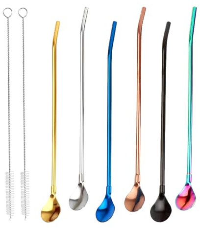 UEAVOID 6 Pièces Pailles Réutilisables en Acier Inoxydable avec Cuillère 2 en 1 pour Smoothies Milkshakes Cocktails Café avec 2 Brosses de Nettoyage