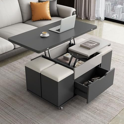 WEIDPHL Mesa De Centro Elevable con 4 Taburetes De Almacenamiento, Mesa De Comedor Extensible Multifuncional, Mesa Central Plegable 3 En 1 para Sala De Estar,Gris
