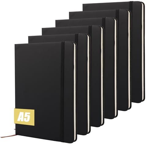 LOPYXBR 6PCS Black A5 Notebook PU Leather Note Book A5 Lined 200 Pages Writing Books Notepads A5 with Elastic Strap Hardback Work Notebook for Office, Business Writing