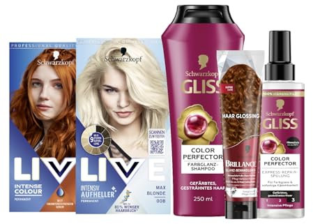 Schwarzkopf LIVE Intense Colour PROFI-SET mit Haarfarbe 077 Caramel Copper & Aufheller Max Blonde 00B & GLISS Shampoo & Express-Repair-Spülung Colour Perfector & BRILLANCE Haar Glanz Glossing Kupfer