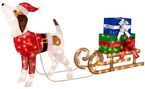 SOARS Weihnachtsdeko Hund mit Schlitten, Schlitten, Weihnachtsfigur mit Weihnachtsmannmützen und Weihnachtskostüme, Weihnachtsbeleuchtung mit 170 warmen LED-Lichtern