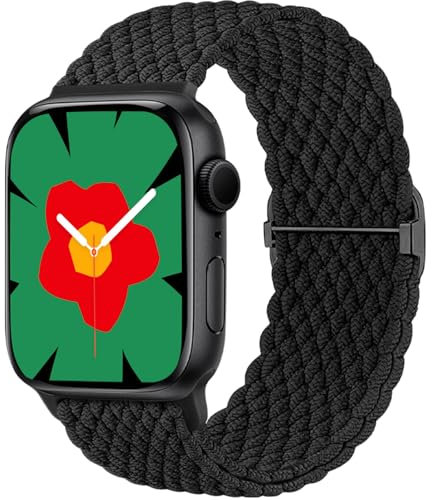 Ynitec Geflochtenes Loop Armband Kompatibel mit Apple Watch 44mm 42mm 45mm 49mm 46mm (Series 10), Elastisches Nylon Stoff Armbänder-Sport Band für iWatch 10 9 8 7 6 5 4 3 2 1 SE Ultra, Schwarz
