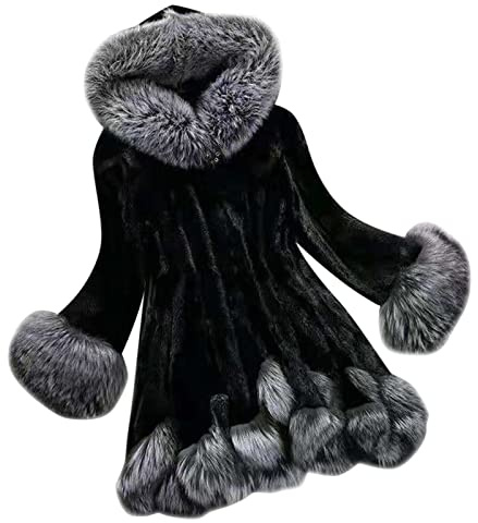 Cappotto di pelliccia da donna, con cappuccio, in pile, invernale, in pelliccia sintetica, Nero , XXL
