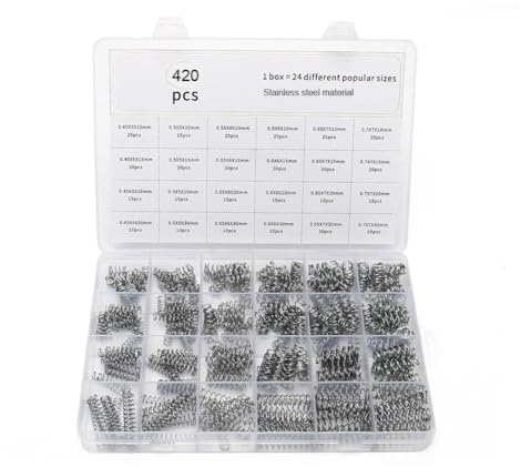 CEWROM 420 Stück Druckfedern Sortiment Set, 24 Spezifikationen Druckfedern, Längen 10mm 15mm 20mm 30mm,Durchmesser 5mm 6mm 7mm, 6 Verschiedene Elastizitäten für Sprungfeder