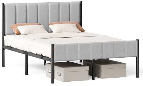 VASAGLE Doppelbettgestell, Bettgestell, 140 x 200 cm, mit gepolstertem Kopfteil, Bettrahmen, Stahl-Latten, trägt bis zu 500 kg, einfache Montage, Taubengrau RMB974G01