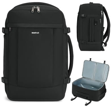 ECOHUB 30L Handgepäck Rucksack Flugzeug, Diebstahlsicher für Easyjet Handgepäck 45x36x20, 3D Laptop Reiserucksack, Recycelt Travel Backpack Wasserdicht, Cabin Bag für Damen Herren(Schwarz)