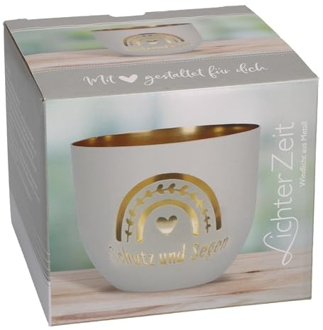 Butzon & Bercker Metallwindlicht Ø 9,2 cm – Windlicht salbeigrün-matt lackiert mit durchbrochenem Motiv, innen goldveredelt, in Geschenkverpackung: Windlicht aus Metall