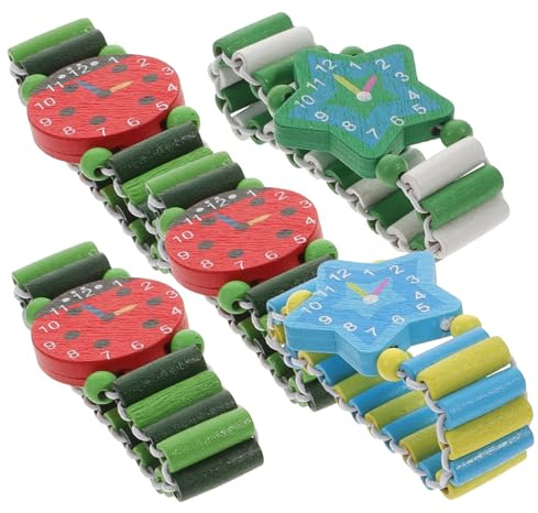 Yardenfun 5stücke Holzuhr Für Junge Mädchen Spielzeug Bunte Armbanduhr Kinderuhr Mit Cartoon-design Simulierte Holz-uhr Armbanduhr Für Jungen Und Mädchen