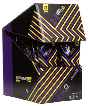 Gel Energético con Magnesio + Glucosa + Electrolitos y Cafeína para Deportistas Ciclismo Running y Calambres Musculares - Sabor Cola Sin Gluten Ni Lactosa - Pack 24 Sobres Apto Veganos | RECUPERATION