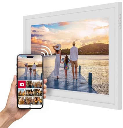 Thomson Digitaler Bilderrahmen 10 Zoll, IPS-Bildschirm, HD-Touchscreen, Direktes Teilen über iOS/Android App, Smart-Funktionen, Elektronischer Fotorahmen mit 32 GB Speicher, Automatische Drehung, Weiß