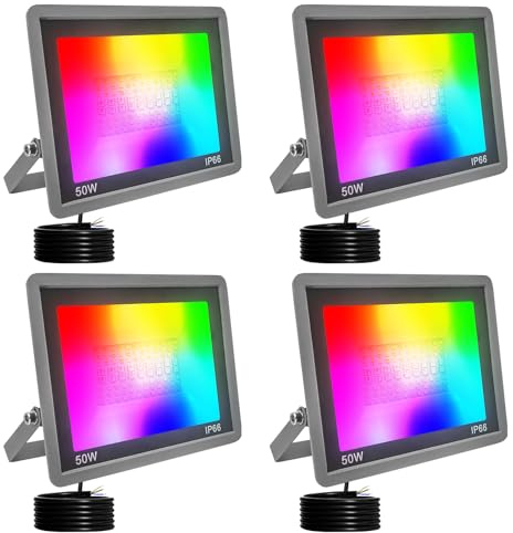 Fosingut Focos Led RGB Exterior,50W Foco Proyector LED Exterior Regulable con Control APP,Sinc Musical,Impermeable Lámpara RGBCW Foco Interior Inteligente Para Fiesta,Jardin,Navidad,Paisaje Deco-4pcs