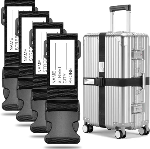 Koffergurt Kofferband Set, koffergurte 4 stück mit Adressschild | kofferbänder Personalisierte Identifikation für Schnell erkennen Gepäck Reisetasche Koffer, Farbig koffergurte kofferband