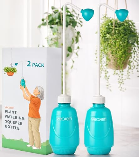 VEOJEIN Long Neck Plant Watering Squeeze Bottle [Pack of 2], 12.2 Long Spout Watering Can for Hanging Plants, Original Extended Leakproof Design for Indoor & Outdoor Watering, 15 oz (Teal)