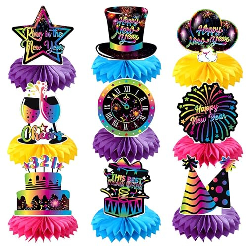Silvester Deko 2026, 9 Stück Papier Neujahr Bienenwaben Deko, Happy New Year Tischdeko 2026, Regenbogen Schwarz Bienenwabe Mittelstücke, für Silvesterdeko Neujahr Tischdeko Tischaufsätze