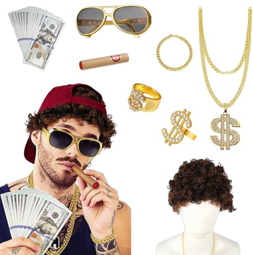 8pcs Kit de Costume Hip Hop,perruque mulet,Accessoires de Rappeur des Années 80/90,avec Lunettes de Soleil, Collier, Disco Rock Coiffure pour Carnaval, Cosplay, Halloween, Soirée Fête à Thème