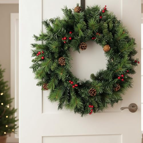 Künstlicher Weihnachtskranz 60 cm – Realistische Tannenzweige mit roten Ilex-Beeren & Tannenzapfen Deko-Kranz