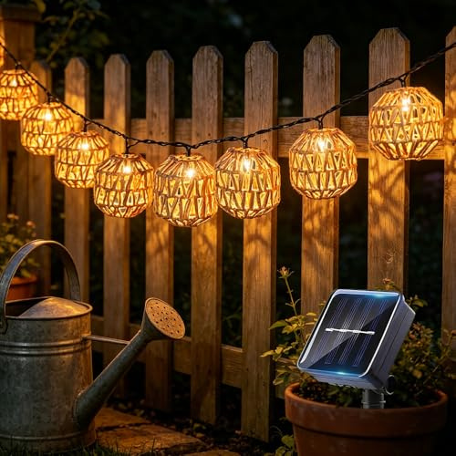 Nzkeuf LED Solar Lichterkette Aussen, 10er LED Solar Rattankugel Lampion, Wasserdicht Lichterkette Außen Solarlampen, Papierseil Solar Lichterkettes Außen Balkon Garten Outdoor