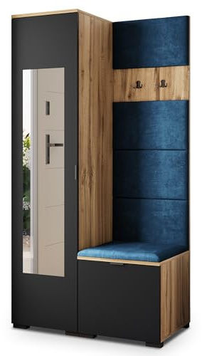 Masseno Flugarderoben Set VIRA, Kleiderschrank-Set mit Spiegel und Sitzbank, Garderobenschrank Flur mit 3 Regalböden, Eiche Wotan/Schwarz