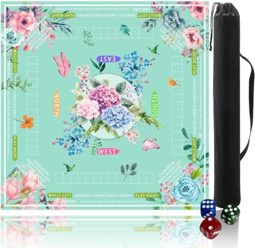 Elyebxj Mahjong-Matte für Tisch, geräuschreduzierende und Faltbare Mah-Jongg-Matte, quadratische Mah-Jongg-Matten mit Blumenmuster, grün, 31, 5 x 31, 5 Zoll