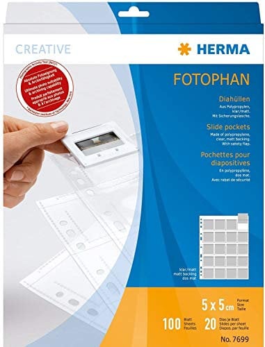 HERMA 7699 Diahüllen für gerahmte Dias, 100 Stück, 5x5 cm, 20 Fächer geteilt, klar/matt, beidseitig sichtbar, Fotophan Fotosichthüllen Sammelhüllen mit Eurolochung zur Dia-Archivierung, transparent