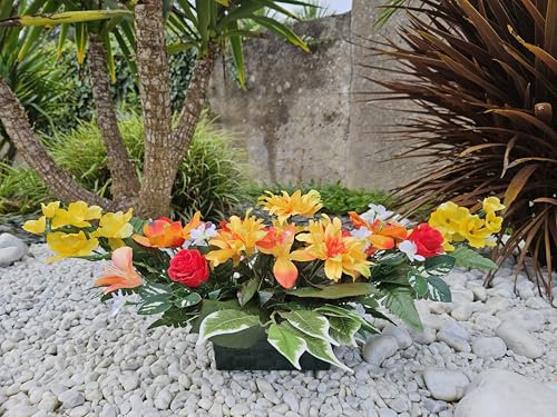 roselynexpress Composition de Fleurs Artificielles Lesté Ciment pour Une Parfaite Tenu à L' Extérieur. Réalisé par Nos Soins. Fleurs de Qualité.