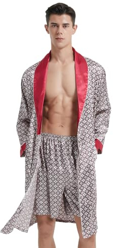 Haseil Robe kimono de luxe pour homme avec short de bain d'été imprimé en soie et satin