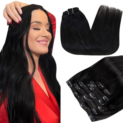 RUNATURE Extensions Echthaar Clip Schwarz 50cm 7Pcs Seamlaee Haarverlängerung Lang Menschliches Haar 120g #1B