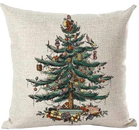 ramirar Merry Christmas Happy New Year Retro Grün Kiefer Baum Luftballons Vögel Puppen Geschenke Dekorative Wurfkissenbezug Kissenbezug Kissen Home Wohnzimmer Bett Sofa Auto Baumwolle Leinen