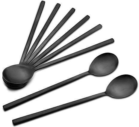 Cucharas de sopa asiáticas de acero inoxidable – 8.5 pulgadas de mango largo cucharas de sopa coreanas, 8 piezas para el hogar, cocina o restaurante (negro)