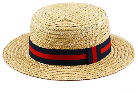 Boater Hats for Men Women Straw Skimmer Hat Wide Brim Halloween Christmas Costume, Blue and Red, Medium