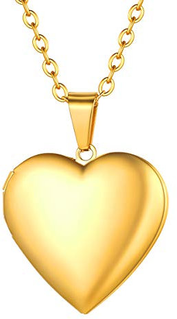 FOCALOOK Pendentif Médaillon Femme Plaqué Or Collier Porte Photo Simple en Forme Coeur Doré Chaîne 2,5mm/50cm