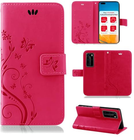 betterfon Hülle Kompatibel mit Huawei P40 Pro | Premium PU Leder Handyhülle Wallet Case für P40 Pro | Schutzhülle Blumen Klapphülle Handyhülle | Pink