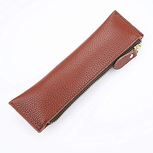 Federmappe aus Leder mit Reißverschluss, PU Schreibwaren-Tasche, Halter für Schreibwaren, Kunst, College, Büro, Make-up Pinsel (1 Stück, braun)