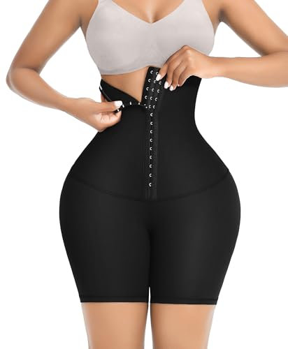 FeelinGirl Shorts-Leggings Bauch Weg Miederpants Yoga Shapewear-Shorts für Damen Hohe Taille Bauchkontrolle mit 3 Reihen Haken und Öse Oberschenkelkontrolle Schwarz 3XL