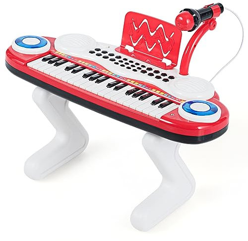 COSTWAY Piano Elettronico a 37 Tasti per Bambini, Tastiera Elettronica con Microfono e Luci, 8 Ritmi e 8 Strumenti, Funzioni di Record e Playback, Pianoforte Giocattolo per Ragazzi 3+Anni (Rosso)