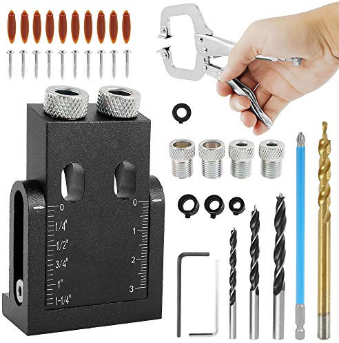Beenle-Icey 39 Stück Taschenloch Bohrvorrichtung Pocket Hole Jig Kit 6/8/10mm Winkelantriebsadapter Schrägloch Set 15° Bohrhilfe mit Schrauben und Dübeln für Holzbearbeitung Holzverbindung