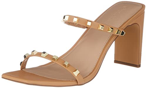 The Drop Avery Sandalia de tacón alto con dos correas y puntera cuadrada para Mujer, Doe Tan Studded, 37.5 EU