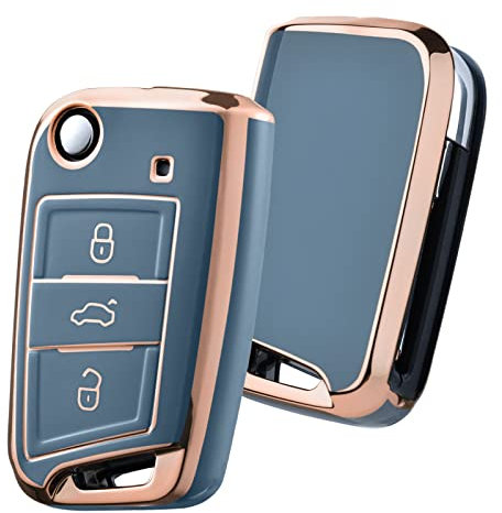 OATSBASF Autoschlüssel Hülle VW, VW Golf 7 Schlüsselhülle, Schlüsselbox Cover für VW Polo, Skoda, Tiguan, MK7 3-Tasten (Goldener Rand-Grau)