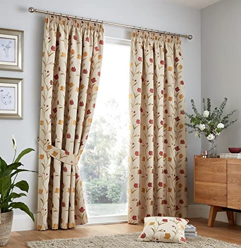 Curtina Natural & Red Floral Drapes – W90 x L72 (229x183cm) – Pencil Pleat – Heavyweight Jacquard – Vintage Flower Design – Bedroom or Living Room Curtains – Elegant Pleated Style