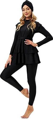 Muslimische Badeanzug Damen Burkini Frauen Muslim Bademode Modest Islamisch Arabisch Jilbab Langarm Schwimmoberteile Built in Bra+Schwimmhose+Hijab Kopftuch 3tlg Full Cover Schwimmanzug Schwarz XL